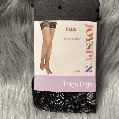 Joyspun Tights Women’s Dot And Sheer Black Thigh Highs 2 Pair Floral Lace Tops